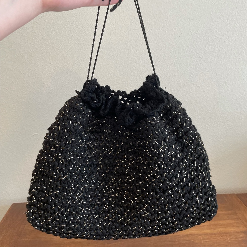 1950s crochet purse bag black and gold drawstring